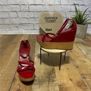 PRADA Wedge Cork Sandals Leather Platform Heels Bliss Rosso Sz 38 EU 8B US Italy